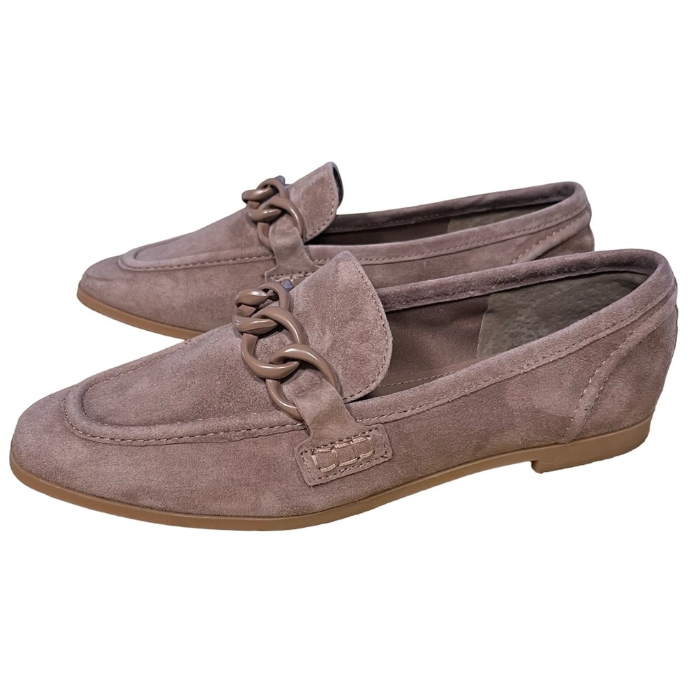 Steve Madden Cardena Gray Taupe Suede Women Sz 7.5 Slip-On Moc Flats Chain EUC